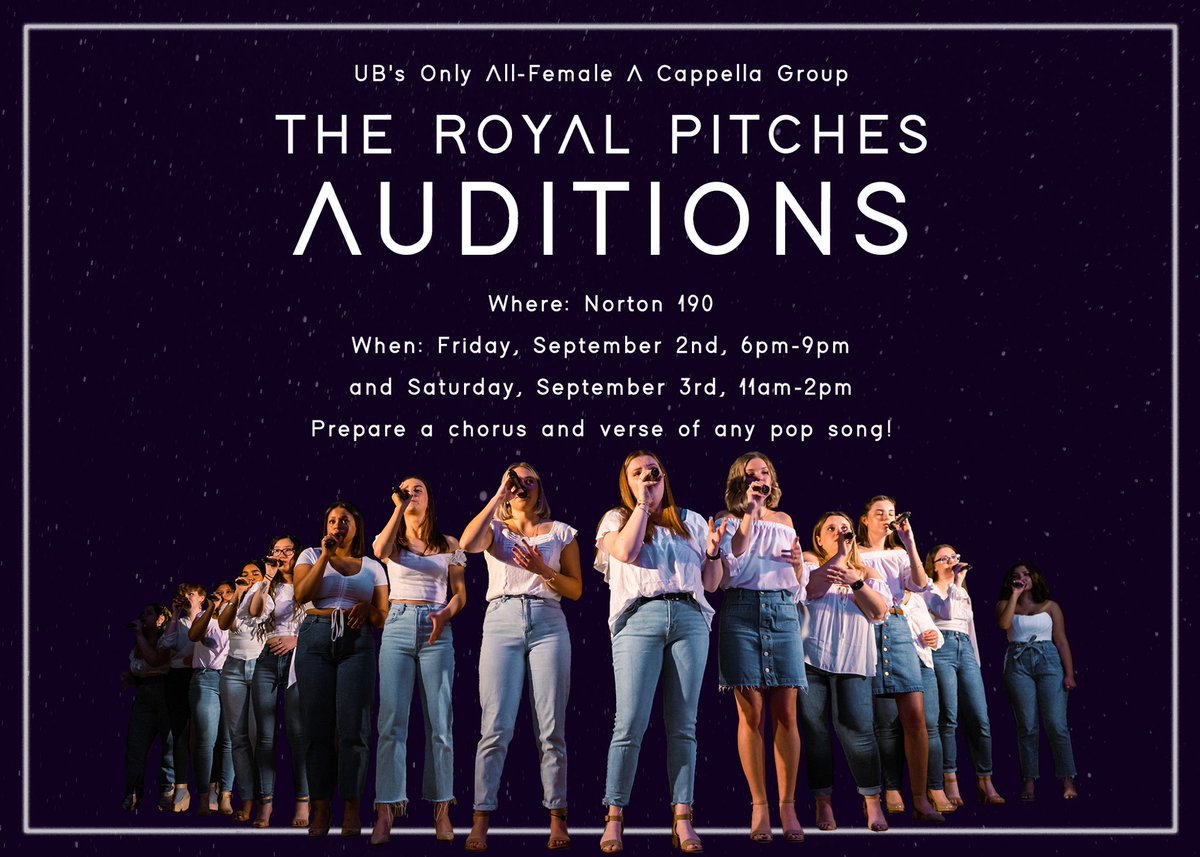 TheRoyalPitches's tweet photo. Today’s the day, the sun is shining, and we’re so excited for auditions!!! Tonight and tomorrow, come to Norton 190, prepared with a verse and chorus of any pop song. We encourage everyone with any level of experience to audition!! See you there. 👑💜 https://t.co/emDD5BdtYZ
