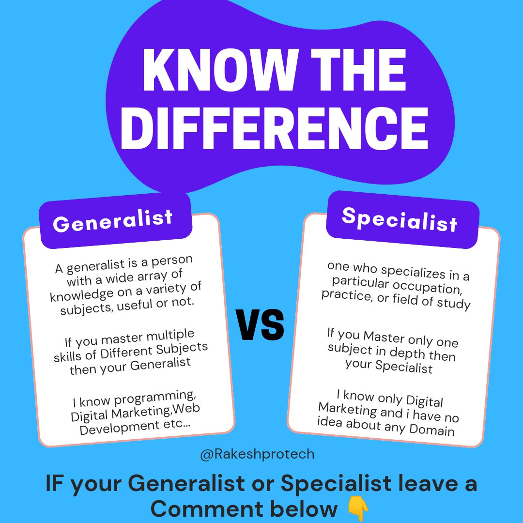 I don't have Depth knowledge of Each Domain but i have learnt about defferent domains and here there is Difference between Generalist & Specialist check and leave your comments below 👇
#generalist #specialist #difference #rakeshprotech #generalistspecialist #knoweledgeispower
