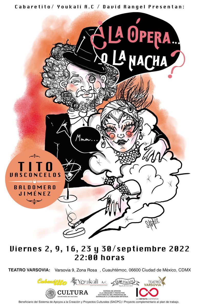 Ti7ov's tweet photo. ¡¡¡OIGAAAAANS!!!
Hoy estreno mi chous "La Ópera o La Nacha" a las 22.00 hrs. en el chulo @TeatroVarsovia [Varsovia 9 , Zona Rosa] Tengo algunos 2x1, pero no tengo tiempo de ver mensajes. Cáiganle, y muestren en taquilla este tuit, y obtengan su 2x1.
Lleven flores y ganas de reír. https://t.co/N0dBiZUBwy