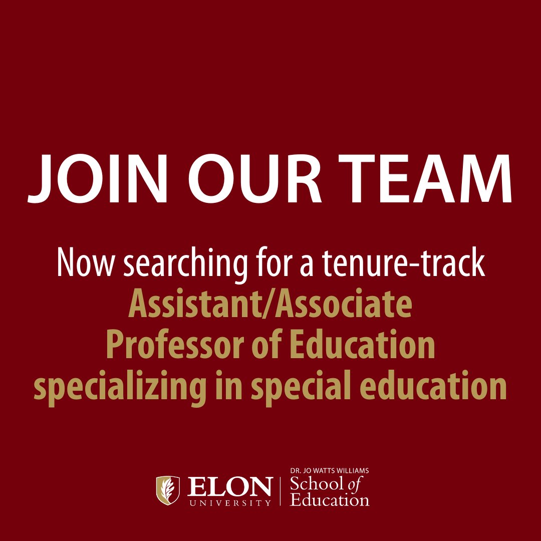 Join our team: #ElonEd is searching for a tenure-track Assistant/Associate Professor of Education specializing in special education to begin August 2023.

Details available at: elon.edu/facultyemploym…