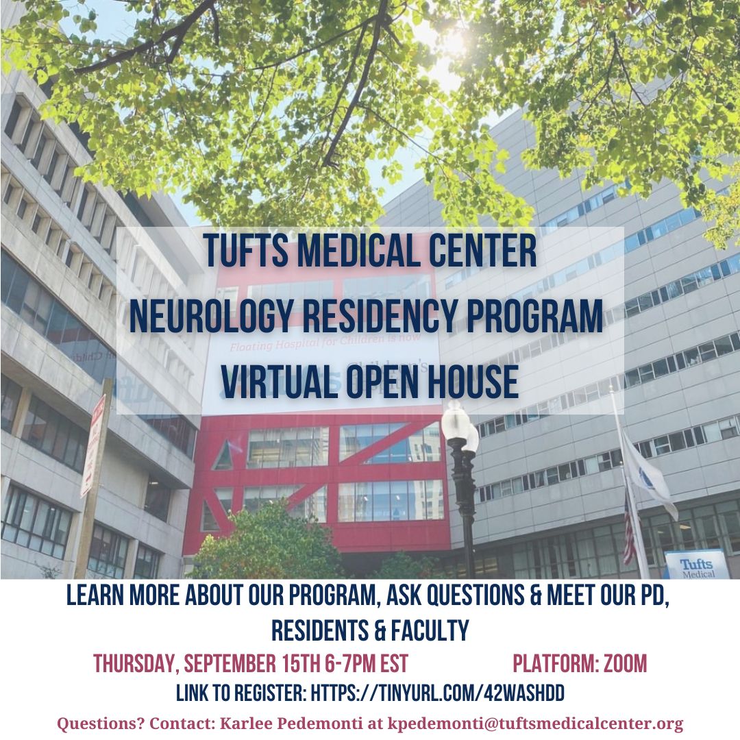joshuaak's tweet photo. 🙌🏻It's our favorite time of the year again!! Please join Tufts Neurology Residency 🧠for 1 of 2 Virtual Open Houses for a meet and greet with PD, PC (⭐of the show!), APDs, and residents. #Match2023 #futureneurologists #Neurotwitter 
@NMatch2023 @MatchNeuro https://t.co/kqMkxX01NM