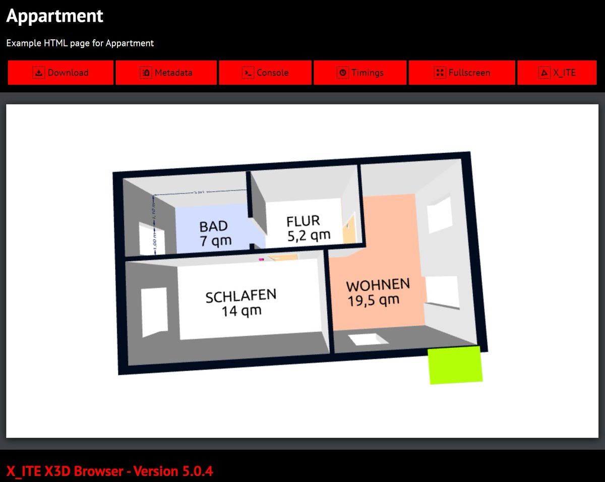 Web3DConsortium's tweet photo. Continuing coolness from #X_ITE: Appartment animated model. How big is that room? https://t.co/ogONk8lrfL https://t.co/yBEQIBpek1