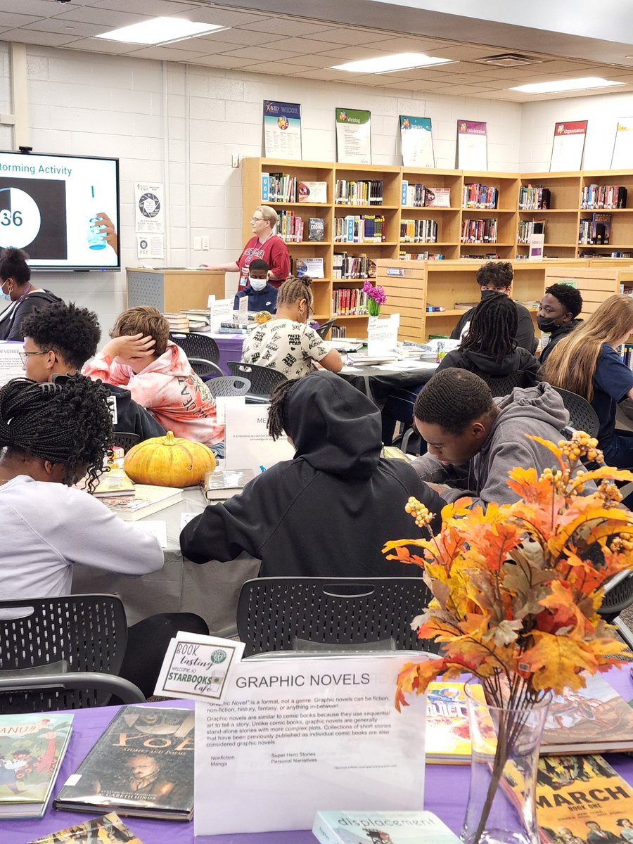 RV_HS_Library's tweet photo. A great collaboration today with @CBSM_007 and her great group of 9th graders!!! Students were introduced to different genres through a book tasting by @likelylibrarian and @MsKing_RVHSLib @DrBrendaMack @#RVBlazersRead https://t.co/ir40UzytT5
