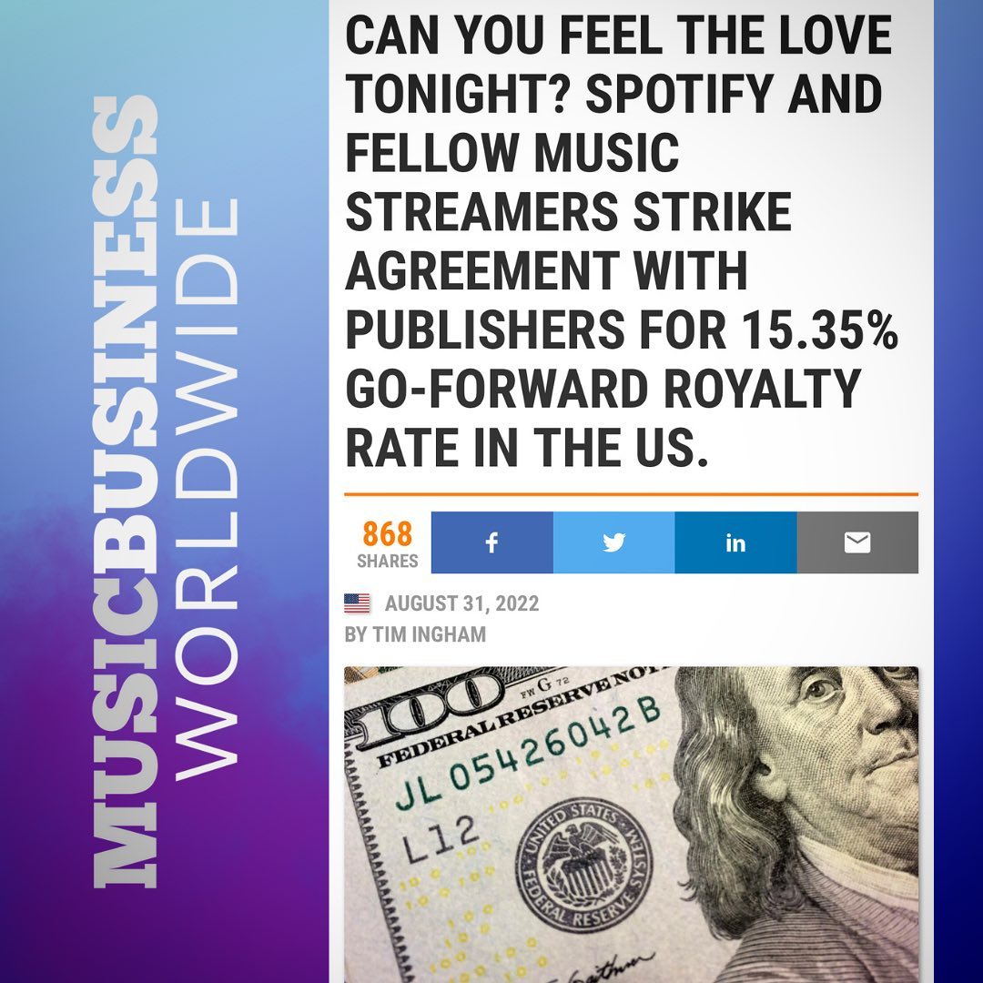 AMOBmusic's tweet image. HUGE WIN!! 👏👏👏

Full article here: bit.ly/3vgWZkb

#musicbusinessworldwide #musicindustry #songwriters #publishers #nmpa #streaming #royalties #spotify #apple #youtube #pandora #amazon