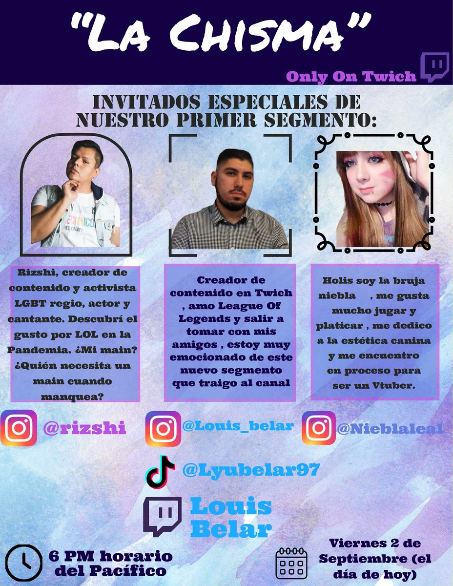 rizshi's tweet photo. Amixes hoy andare en el #twitch de mi amix #LouisBelar a las 8pm Hora Centro, andaremos ahi manqueando en LOL y echando agusto #LaChisma 

Piquenle aqui👉🏽 https://t.co/j6d8BkTBdR https://t.co/PHta3F4HnF