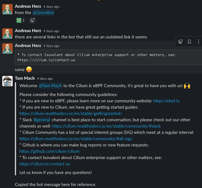 Sodman74's tweet photo. @tgraf__ @christianposta @virtualized6ix My experience was that the bot said exactly "To contact Isovalent about Cilium enterprise support or other matters". The link was ostensibly to a https://t.co/sitEMDMb89 url, but it returns a 404. Then, when community users ask about it they're redirected to the Isovalent website https://t.co/2HBOg68nNH