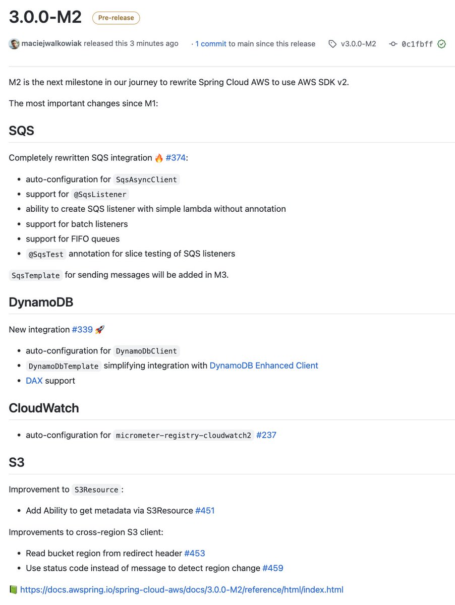 Spring Cloud AWS 3.0.0-M2 released! 🎉

github.com/awspring/sprin…

🆕 DynamoDB integration
🌟 SQS integration
🌟 CloudWatch ➡️ AWS SDK v2
🌟 Improvements to S3 integration

BIG THANKS to all contributors and especially @MatejNedic1, <a href="/EdduMelendez/">Eddú Meléndez (エドゥ)</a> and <a href="/tomazfernandes/">vera lucia</a>!