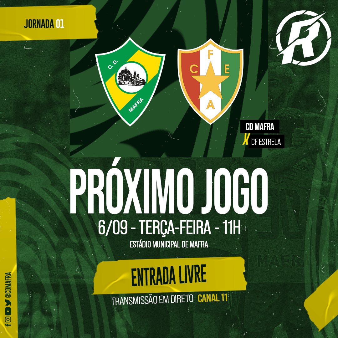 #SUB23CDM ⚠️ Alteração no Jogo da 1.ª Jornada da #LigaRevelação 

🔜 Esperamos por vocês, terça-feira às 11H, no Municipal de Mafra 💪

#TodosSomosMafra