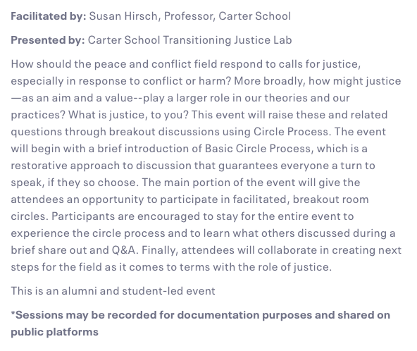GMUTJL's tweet photo. Please join us for the Fall 2022 Peace Week! Circles for Justice / Facilitated by @SusanFHirsch and TJL
Register here: https://t.co/4OfmOutPU7
#GMUCarterSchool #CarterSchoolPeaceWeek #Conflictresolution https://t.co/DgL3xm4kI1