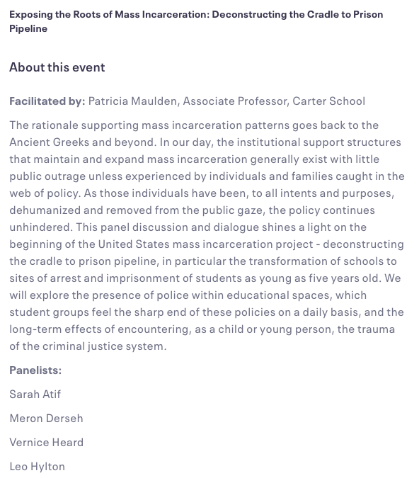 GMUTJL's tweet photo. Please join us for the Fall 2022 Peace Week! Exposing the Roots of Mass Incarceration: Deconstructing the Cradle to Prison Pipeline / Facilitated by @PatriciaMaulden
Register here: https://t.co/bvjrrxrIqW
#GMUCarterSchool #CarterSchoolPeaceWeek #Conflictresolution https://t.co/PwwFthY2xy