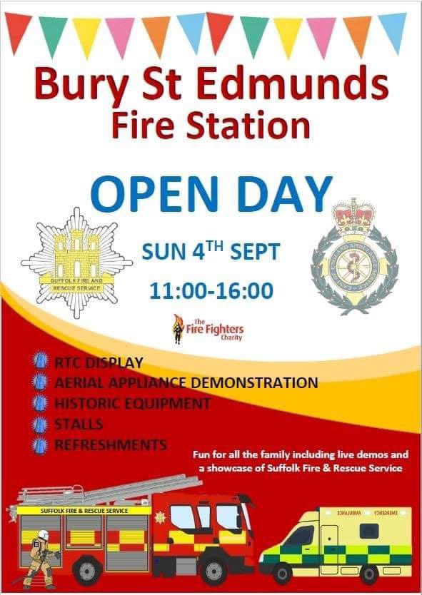 SuffolkFire's tweet photo. Making plans for the weekend? Why not visit our #BuryStEdmunds fire station open day this Sunday between 11am and 4pm 🔥🚒 meet your local #Firefighters watch live demonstrations and explore a variety of fire engines 🚒 equipment, ambulances and much more! #OpenDay #suffolk https://t.co/LjlXGBiWN5