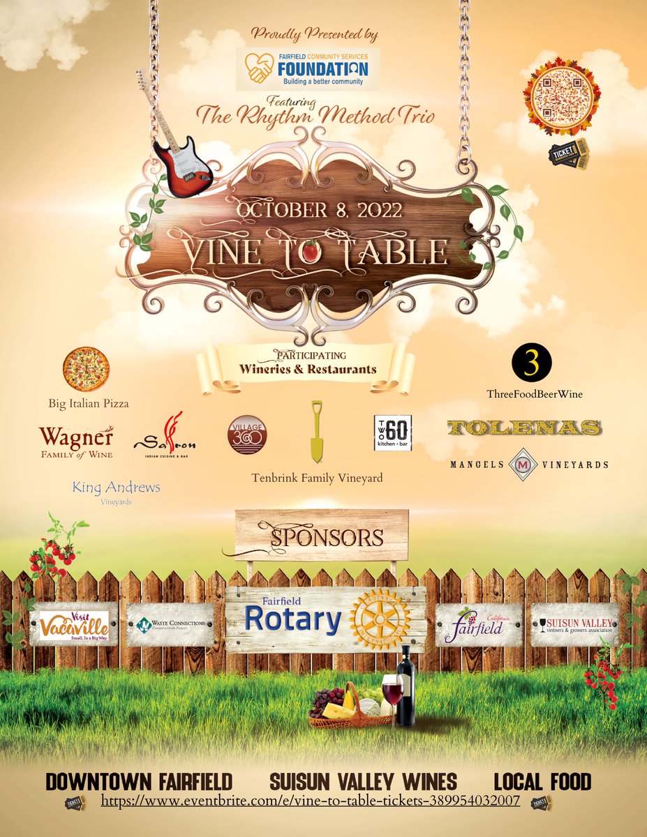 pvestatesca's tweet photo. Join us for Downtown Fairfield's First Vine to Table Event on October 8th!
DATE &amp; TIME: Sat, October 8, 2022/6:00 PM – 9:00 PM 
LOCATION: 832 Texas Street, Fairfield, CA 94533
Get your tickets today! 
https://t.co/zxAIeODkkp https://t.co/ICKnv05iYO