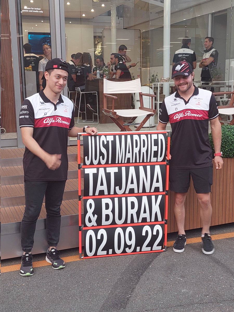 adamcooperF1's tweet photo. '@ValtteriBottas and @ZhouGuanyu24 with a message for an @alfaromeoorlen team member on their big day!: https://t.co/giYAsJmUmV