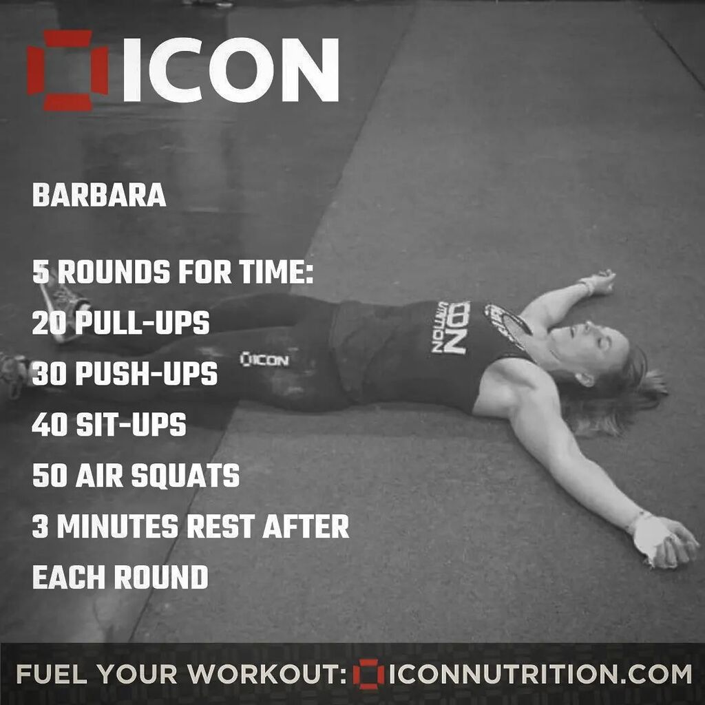 💢BARBARA💢

5 Rounds For Time
20 Pull-Ups
30 Push-Ups
40 Sit-Ups
50 Air Squats
3 minutes Rest

Complete 5 rounds of the reps in the order above as fast as possible. After each set of 50 Air Squats you must take a 3 minute Rest. 

Score is total time to complete all 5 rounds, …