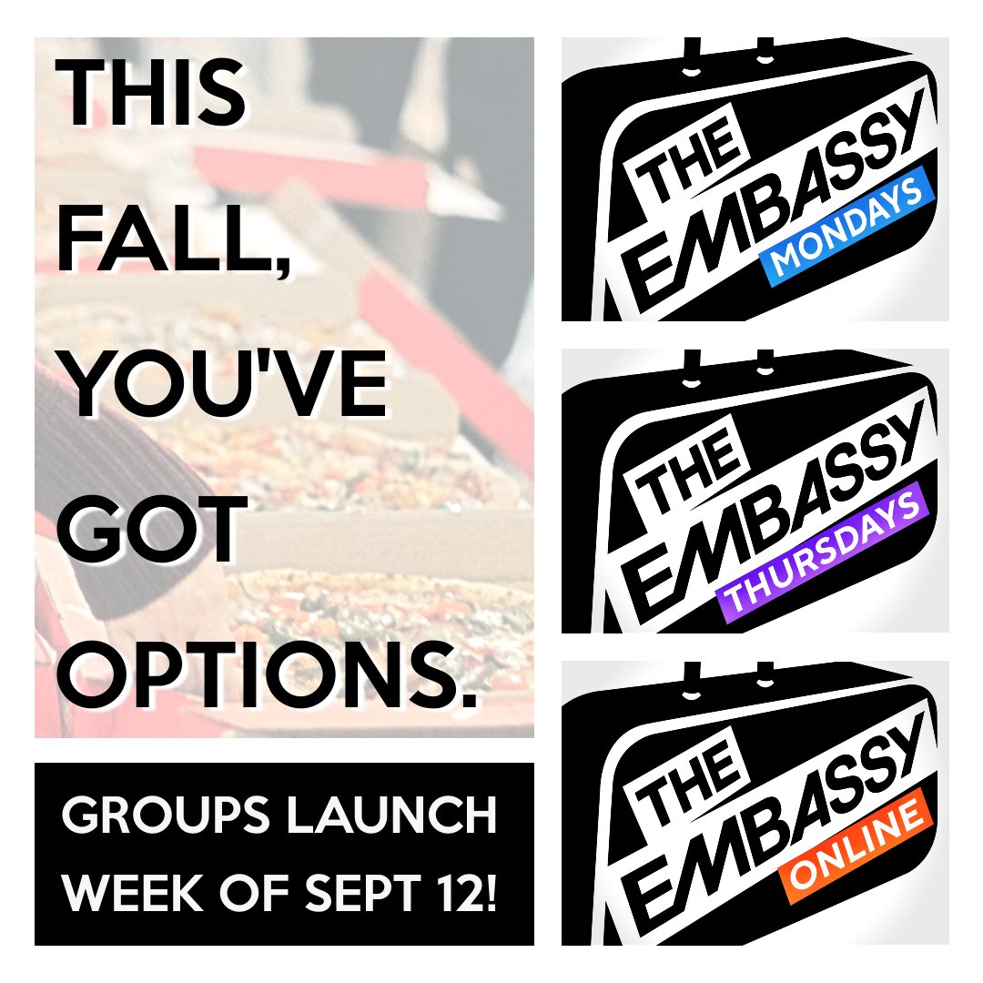 EmbassyHumber's tweet photo. LAUNCHING SOON: We've got 3 different Embassy communities starting up this fall—choose the one that works best for you! Go here for all details: https://t.co/VBDWHPCz3t. See you soon! #campuschurch https://t.co/Cm4g4rwE0a