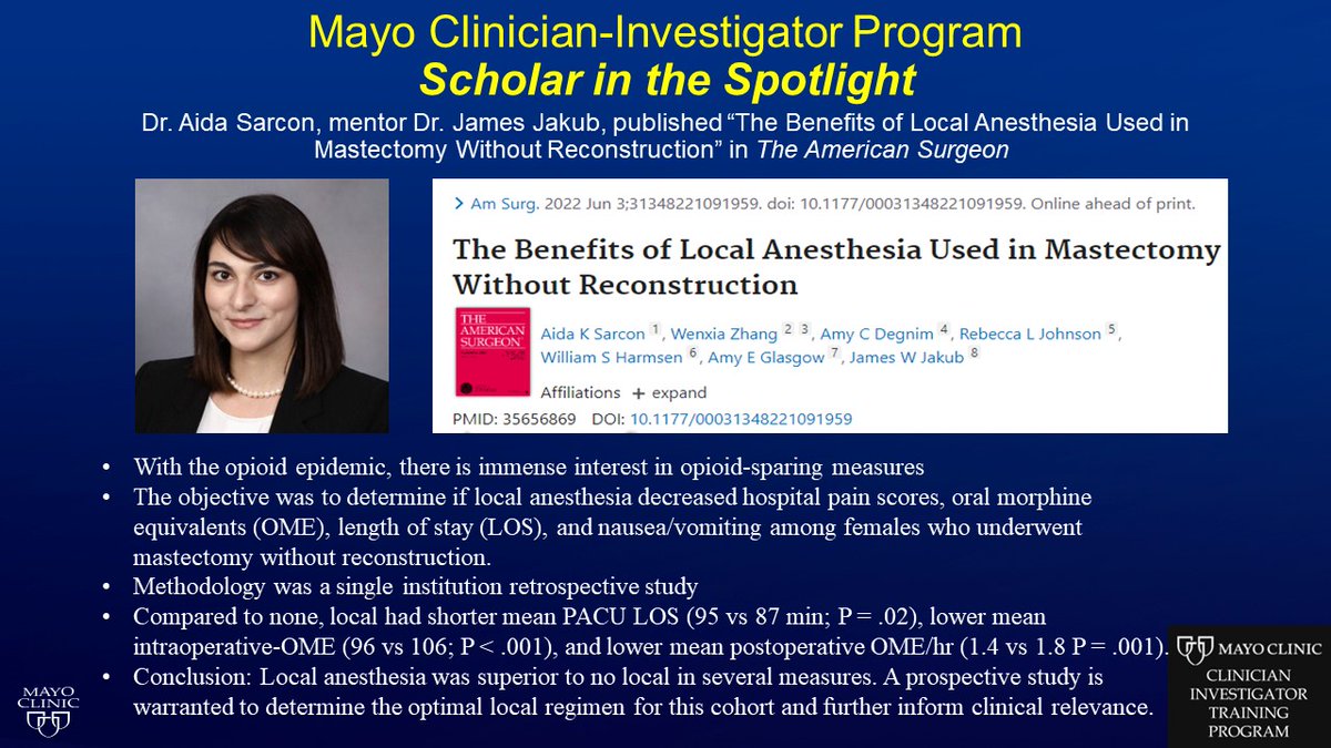 MayoCITProgram's tweet photo. One of our CI trainees, Dr. Aida Sarcon MD, published "The Benefits of Local Anesthesia Used in Mastectomy Without Reconstruction" in The American Surgeon.
Excellent job!ππ @GraphiteScalpel
#MedTwitter #MayoCITP #MayoClinic #Surgery
https://t.co/lTHtw28YpL https://t.co/bowCzTtn1v
