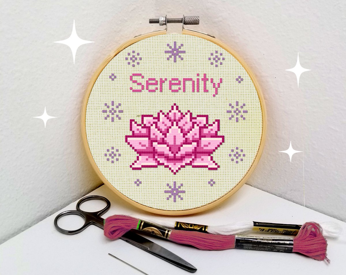 Spiritual serenity cross stitch pattern by The Elfin Forest etsy.me/3KHSaHe #crossstitchpatternpdf #spiritualart #meditationart #meditationartwork #yogaart #yogaartwork #lotusflowerart #easycrossstitch #serentiy #flowercrossstitch #etsycrossstitch