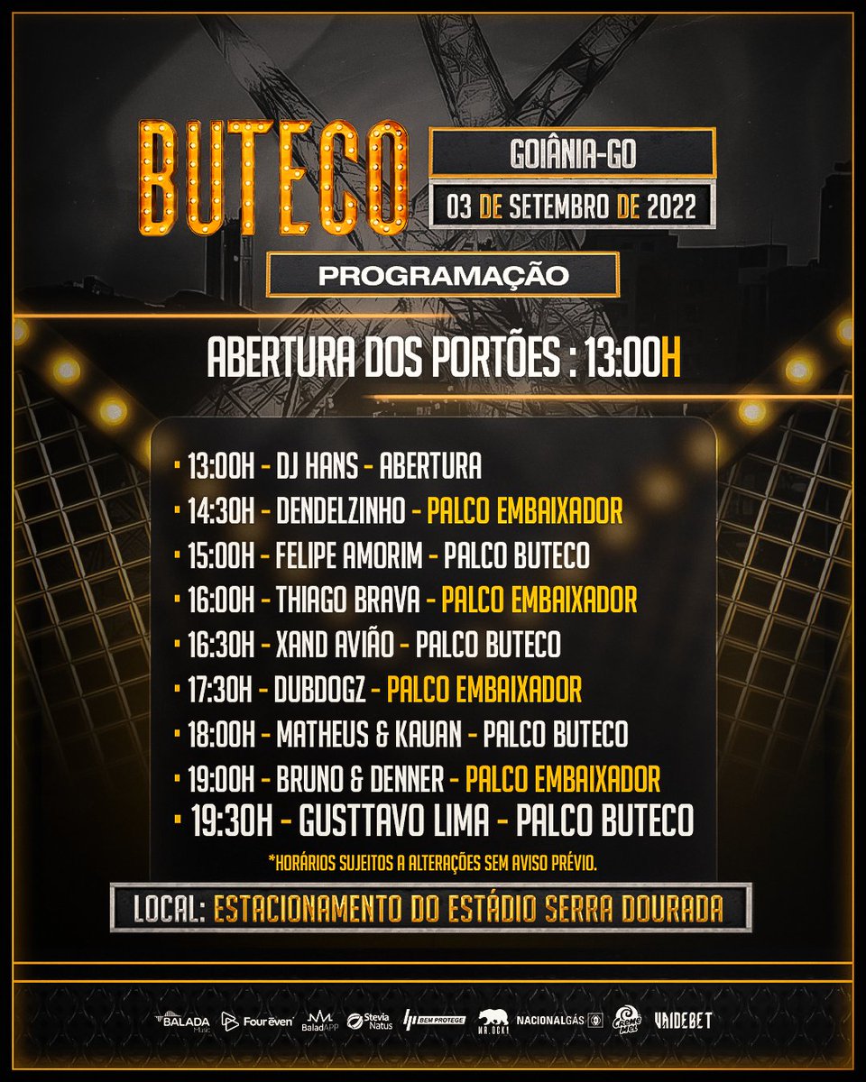 OficialButeco's tweet photo. Confira a programação do #ButecoGYN e se prepare para viver o melhor dia da sua vida! Chegue cedo para pegar seu lugar na grade e assistir de pertinho seu artista favorito, os portões abrem às 13h. https://t.co/CylSLa8z3l