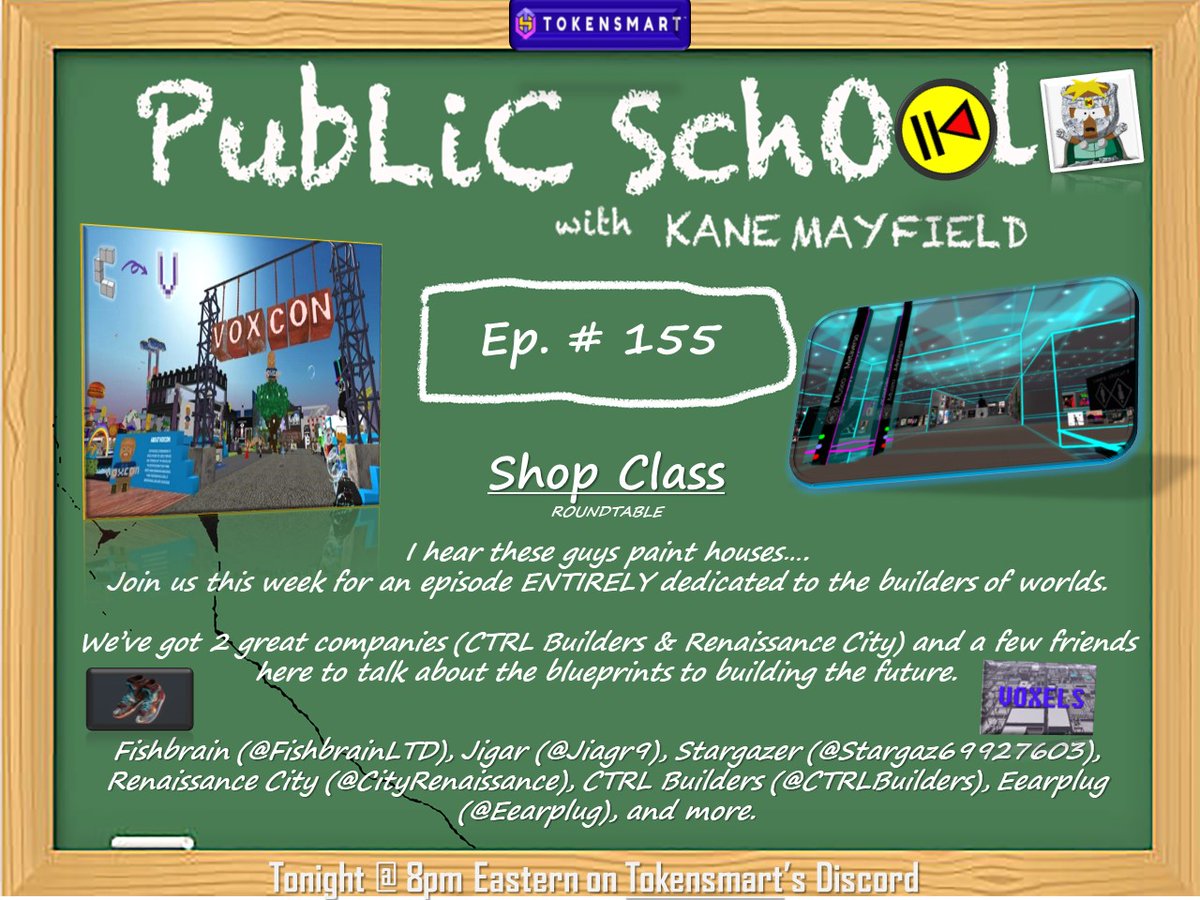 TONIGHT we're back with another episode of #PublicSchool on <a href="/nftsmart/">tokensmart</a> 

This week we take it to shop class... we've got a bunch of <a href="/cryptovoxels/">Voxels</a> builders showing us how to build the future in the metaverse.

We've got <a href="/CtrlBuilders/">CTRL.builders 🧱</a> &amp; <a href="/CityRenaissance/">Renaissance City</a> with a few more frens  

LFG