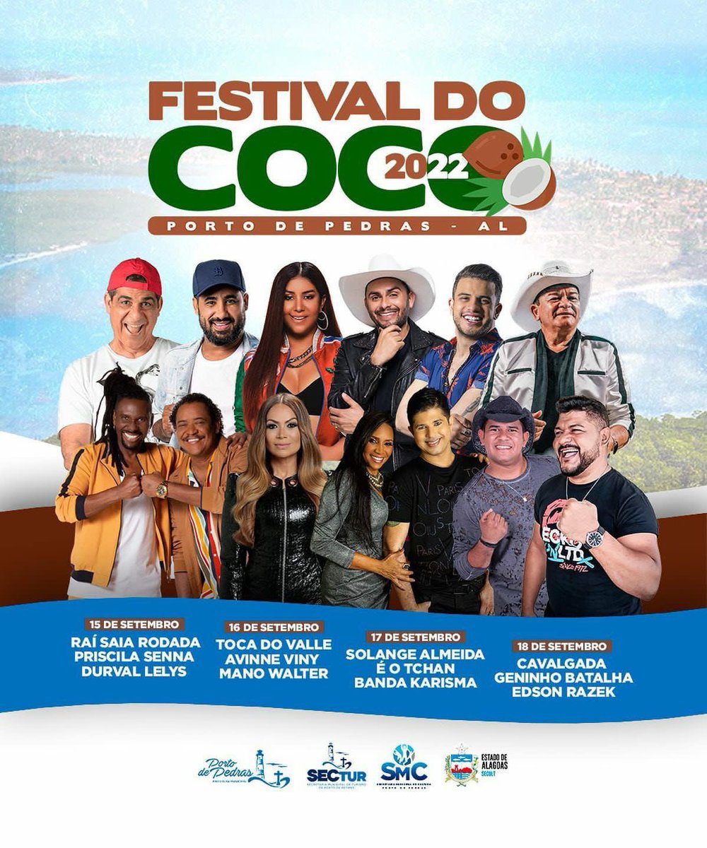 centralfasdasol's tweet photo. A maior festa do Litoral Norte de Alagoas está de volta! Festival do Coco 2022! 🥥 🌴
17 de setembro #ADona @SolangeAlmeida é atração confirmada ✅
@prefeituradeportodepedras
.
.
#Festivaldococo2022 #PortoDePedras #Alagoas #SolangeAlmeida #CentralDeFãsSolangeAlmeida https://t.co/M2vzWvOUOn