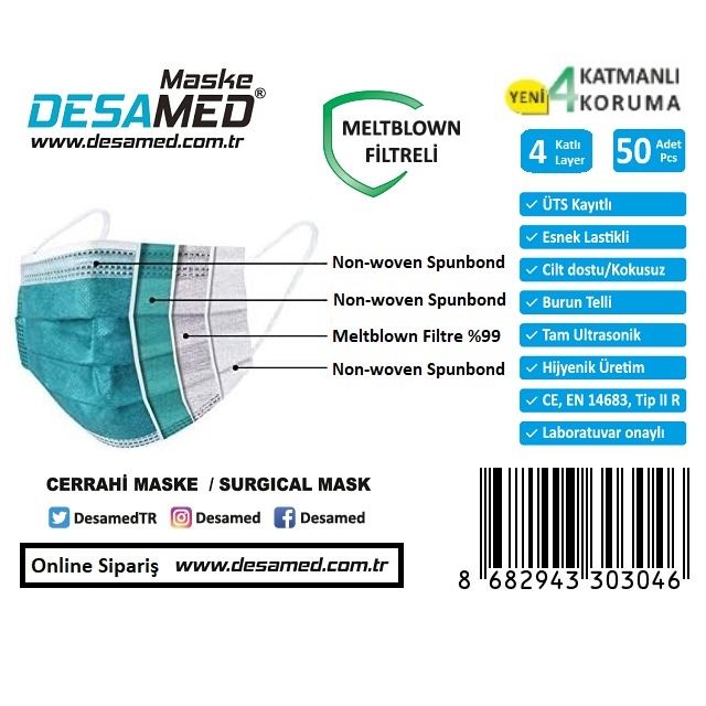 DesamedTR's tweet photo. Yeni 4 katlı ve Meltblown Filtreli Desamed Yetişkin Cerrahi Maskeleri ÜTS Kayıtlı, EN 14683 Tip IIR belgeli ve Akreditasyonlu Laboratuvar onaylıdır. Online Sipariş için https://t.co/6U8YtEX7bb, Trendyol ve Hepsiburada mağazalarımızı ziyaret edebilirsiniz. https://t.co/QigUWgvNu5