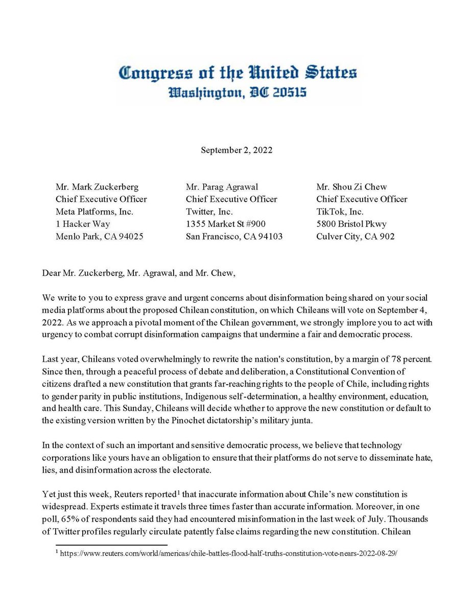N_PrensaCL's tweet image. 🔴 EXCLUSIVO: Grupo de miembros del Congreso de EEUU manifiestan su preocupación a los CEO de Facebook, Twitter y TikTok, por la campaña de desinformación sobre la nueva Constitución en Chile a través de sus plataformas. Llaman a tomar acciones.