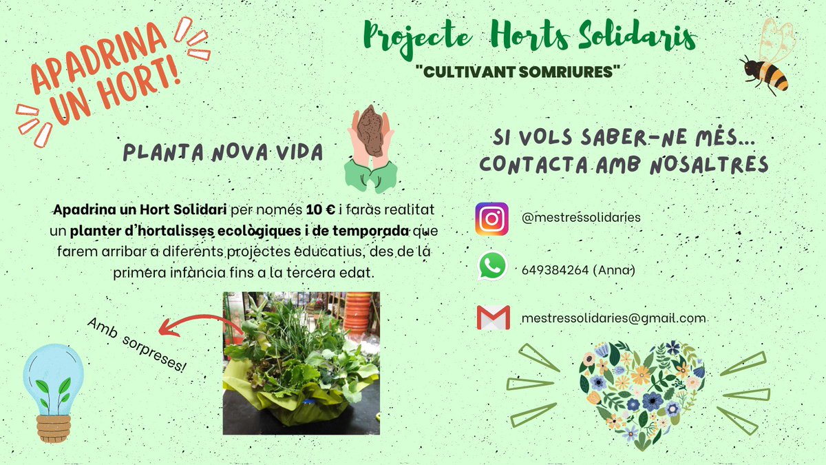 MSolidaries's tweet photo. Ens ajudes a aconseguir el Repte 100 Horts Solidaris? Encara hi ets a temps! 💪🏻💖 Apadrina un hort per tan sols 10 € i anirà destinat a un centre educatiu! 🌱
Omplim les aules de verd, de natura! 💚 https://t.co/gMiNKlg164