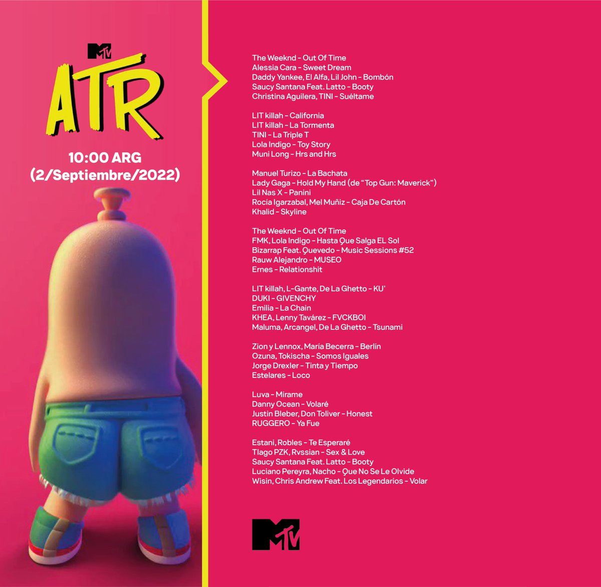manucarrera_m's tweet photo. Esto fue lo que sonó en "MTV ATR" (2/Septiembre/2022)

@MTVLAargentina #MTVATR https://t.co/QlkIkS7qTn
