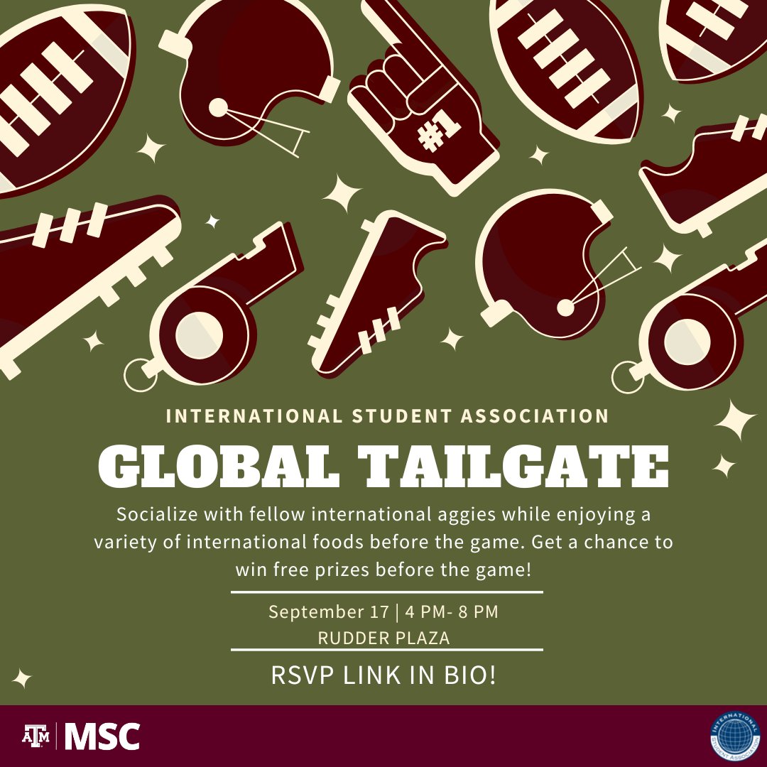 TAMU_ISA's tweet photo. Howdy Ags! Join the International Student Association at Global Tailgate! Come and enjoy a variety of International foods before the game. Get a chance to win free football tickets to an upcoming game! RSVP link in bio!

#tamu #tamuisa #aggie #gigem #howdy #aggies #aggieland https://t.co/2FRRLTadt3