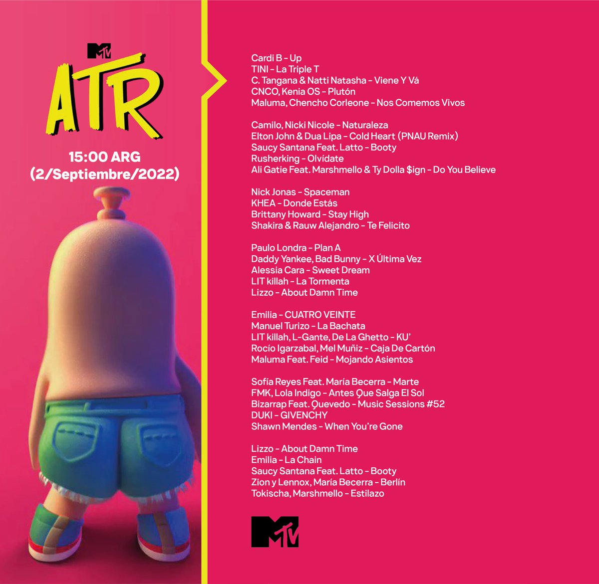 manucarrera_m's tweet photo. Esto fue lo que sonó en "MTV ATR" (2/Septiembre/2022)

@MTVLAargentina #MTVATR https://t.co/QlkIkS7qTn