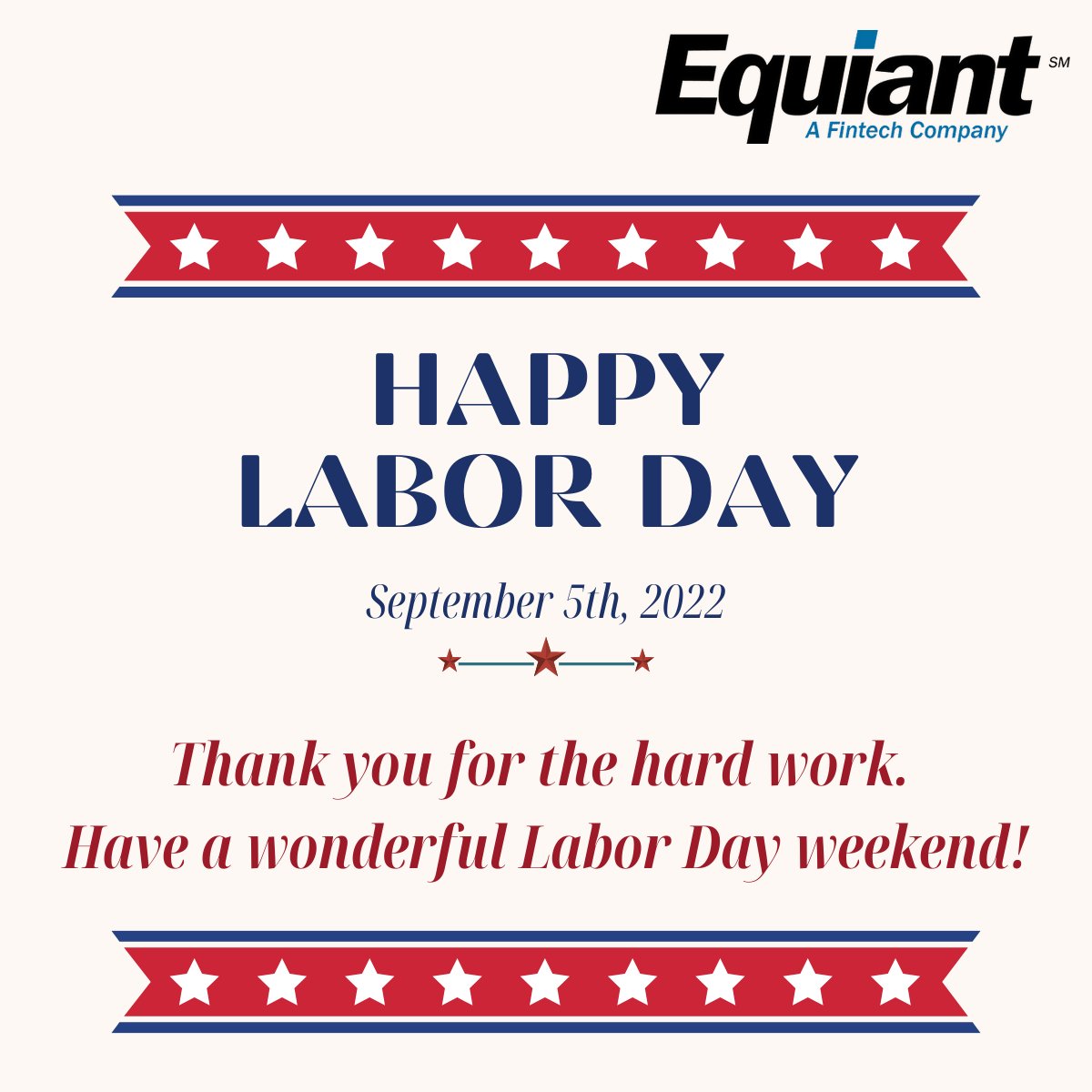 Equiant's tweet photo. Thank you for the hard work. Have a wonderful Labor Day weekend!

#Equiant #WorkHardPlayHard #LaborDay https://t.co/mIwO1ZTvAU