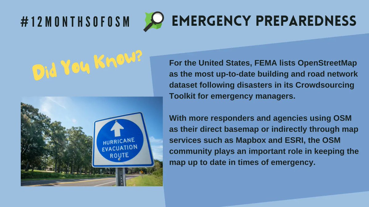 OpenStreetMapUS's tweet photo. Did you know? FEMA lists #OpenStreetMap as the most up-to-date building and road network dataset following disasters in its Crowdsourcing Toolkit for emergency managers. https://t.co/qPThMx1RNP  #NationalPreparednessMonth #12monthsofOSM https://t.co/8z94tB6Ffh