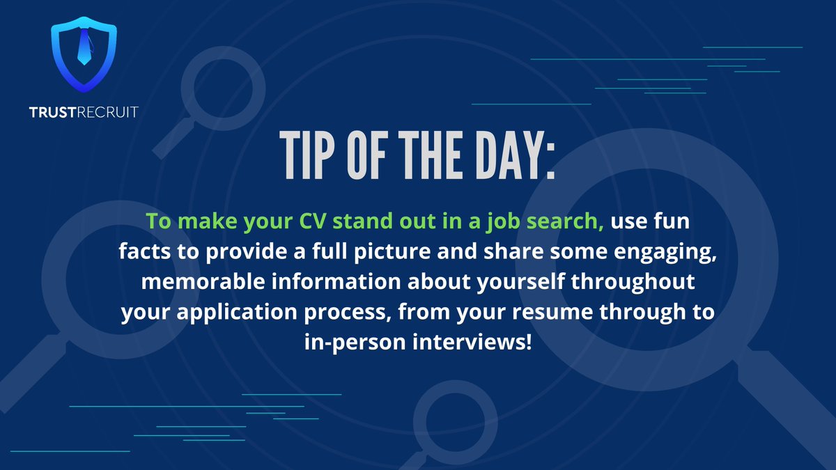 trust_recruit's tweet photo. To make your CV stand out in a job search, use fun facts to provide a full picture &amp; share some engaging, memorable information about yourself, from your resume through to in-person interviews!

#TrustRecruit #NFTresume #recruit #consultancy #nft #nftcv https://t.co/LgIYEEZTVK