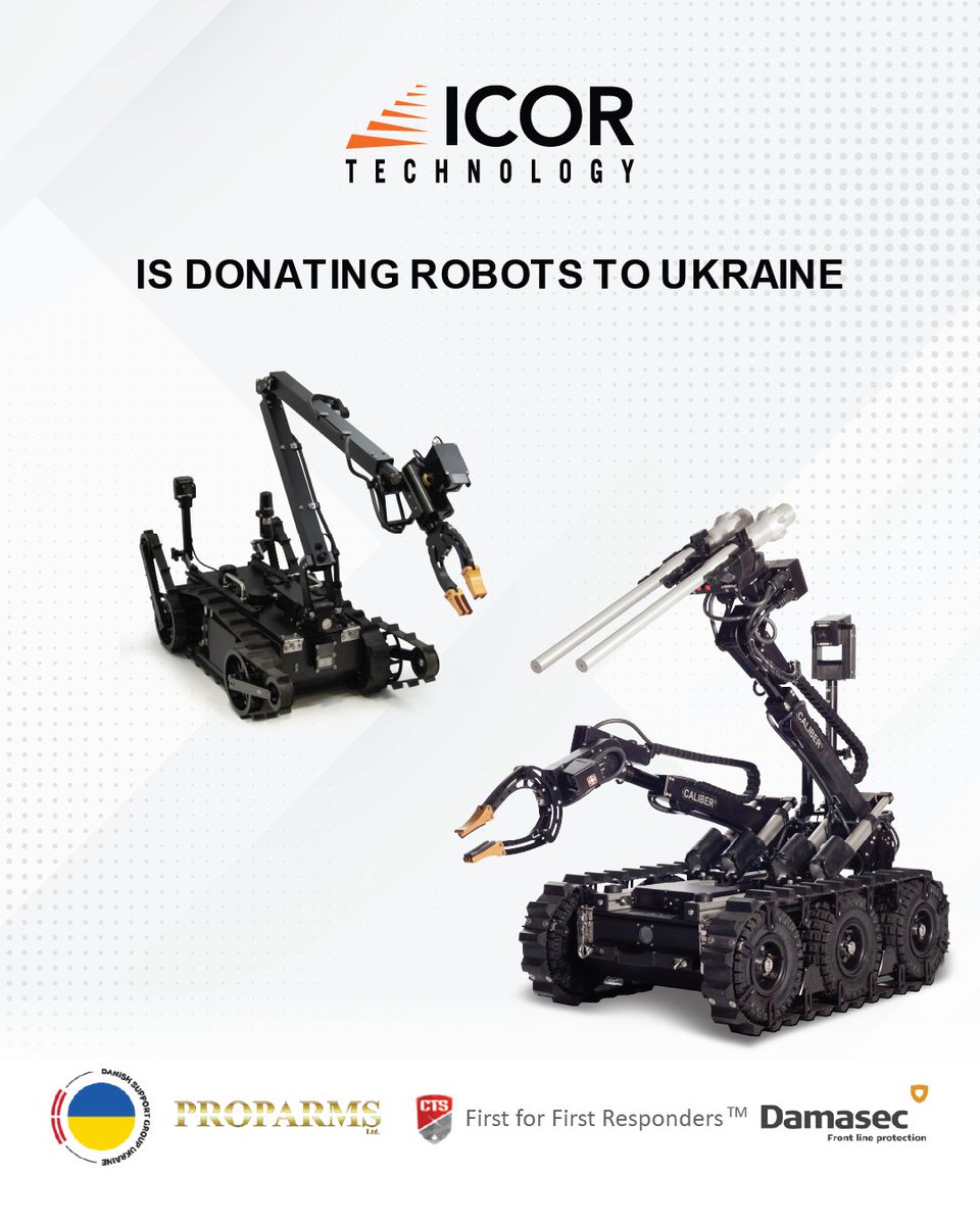 ICORTechnology's tweet photo. ICOR Technology is donating a Mini-CALIBER® AND CALIBER® MK3 to Danish Support Group Ukraine for operations in Ukraine. 

---⁠
⁠
#caliber #eod #ied #bombdisposal⁠
#bombdisposalrobot #bombrobot #bombsquad #policerobot #hazmat

Read More - https://t.co/4Nnb34GhQC https://t.co/UFVtpvHc8C