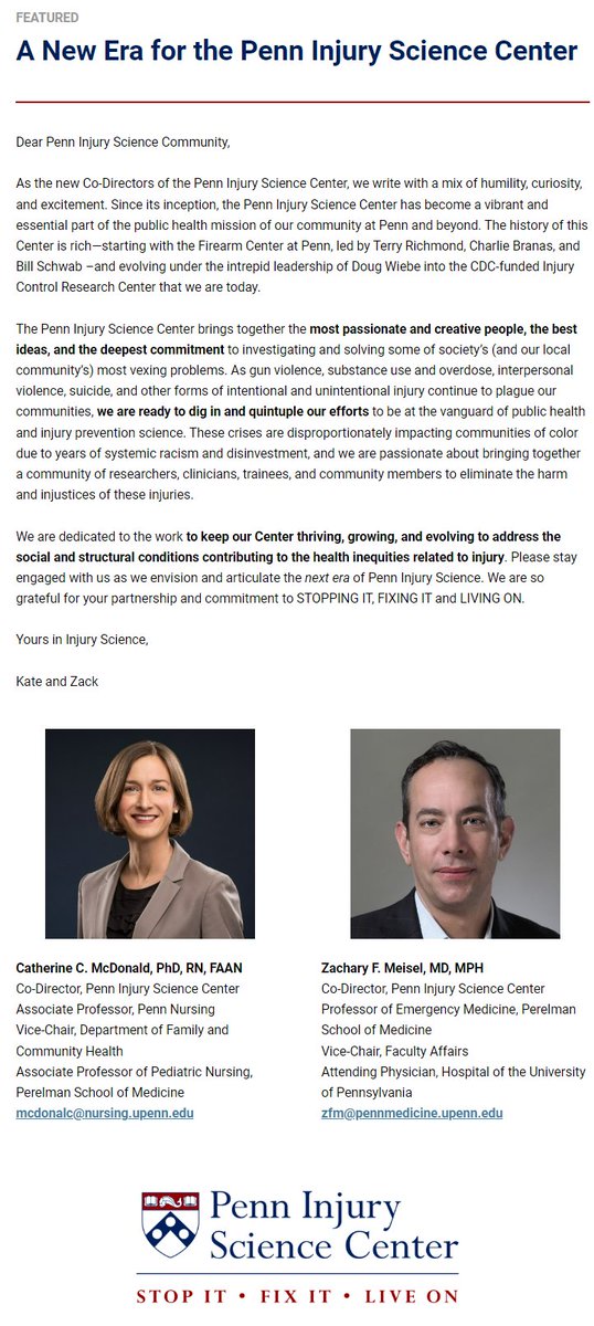 Penn Injury Science Center (@penninjury) on Twitter photo A New Era for the Penn Injury Science Center
The feature of this month's newsletter is a letter from new Center Directors <a href="/KateMcD_PhDRN/">Catherine McDonald, PhD, RN, FAAN</a> and <a href="/zacharymeisel/">Zachary Meisel</a>
Read the letter below and the full newsletter here: penninjurydev.wpengine.com/?mailpoet_rout…
#StopItFixItLiveOn A New Era for the Penn Injury Science Center
The feature of this month's newsletter is a letter from new Center Directors <a href="/KateMcD_PhDRN/">Catherine McDonald, PhD, RN, FAAN</a> and <a href="/zacharymeisel/">Zachary Meisel</a>
Read the letter below and the full newsletter here: penninjurydev.wpengine.com/?mailpoet_rout…
#StopItFixItLiveOn