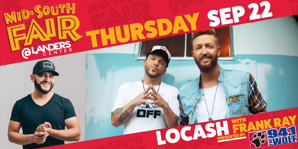 LandersCenter's tweet photo. 🗣 𝙁𝙄𝙍𝙎𝙏 𝙉𝙄𝙂𝙃𝙏 𝘼𝙏 𝙏𝙃𝙀 𝙁𝘼𝙄𝙍

Opening the mainstage at this year's Mid-South Fair are 𝐋𝐎𝐂𝐀𝐒𝐇 and 𝐅𝐫𝐚𝐧𝐤 𝐑𝐚𝐲, presented by 94.1 The Wolf!

🎟 Admission is 𝙁𝙍𝙀𝙀 on Thursday, September 22 https://t.co/hYNasj6Nha