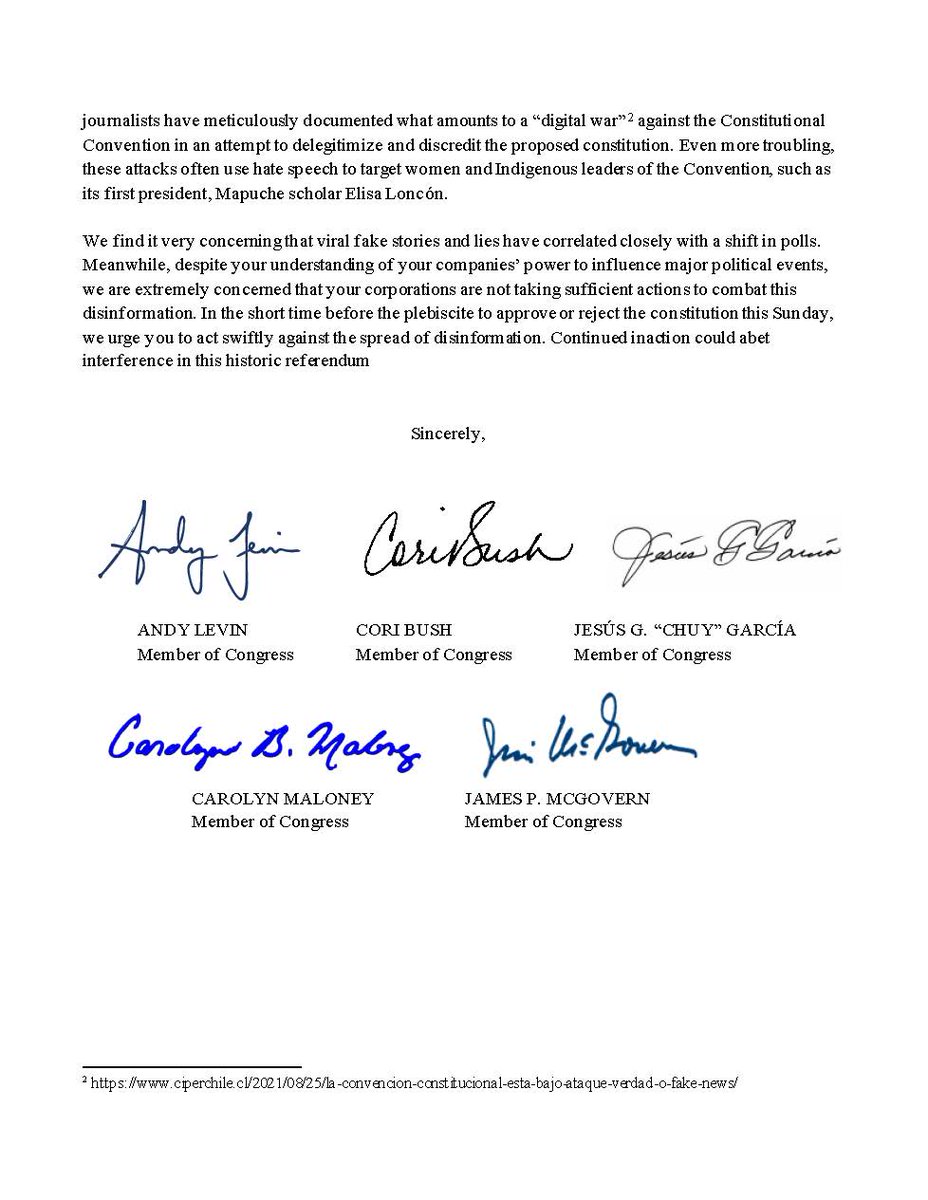RepChuyGarcia's tweet photo. Me uno a mi colega @RepAndyLevin para urgir a las empresas de medios sociales @meta, @twitter y @tiktok_us a que actúen contra la campaña de desinformación desatada contra la constitución propuesta en #Chile. La democracia pierde cuando las mentiras y el odio ganan. https://t.co/uXn0CVc0tg