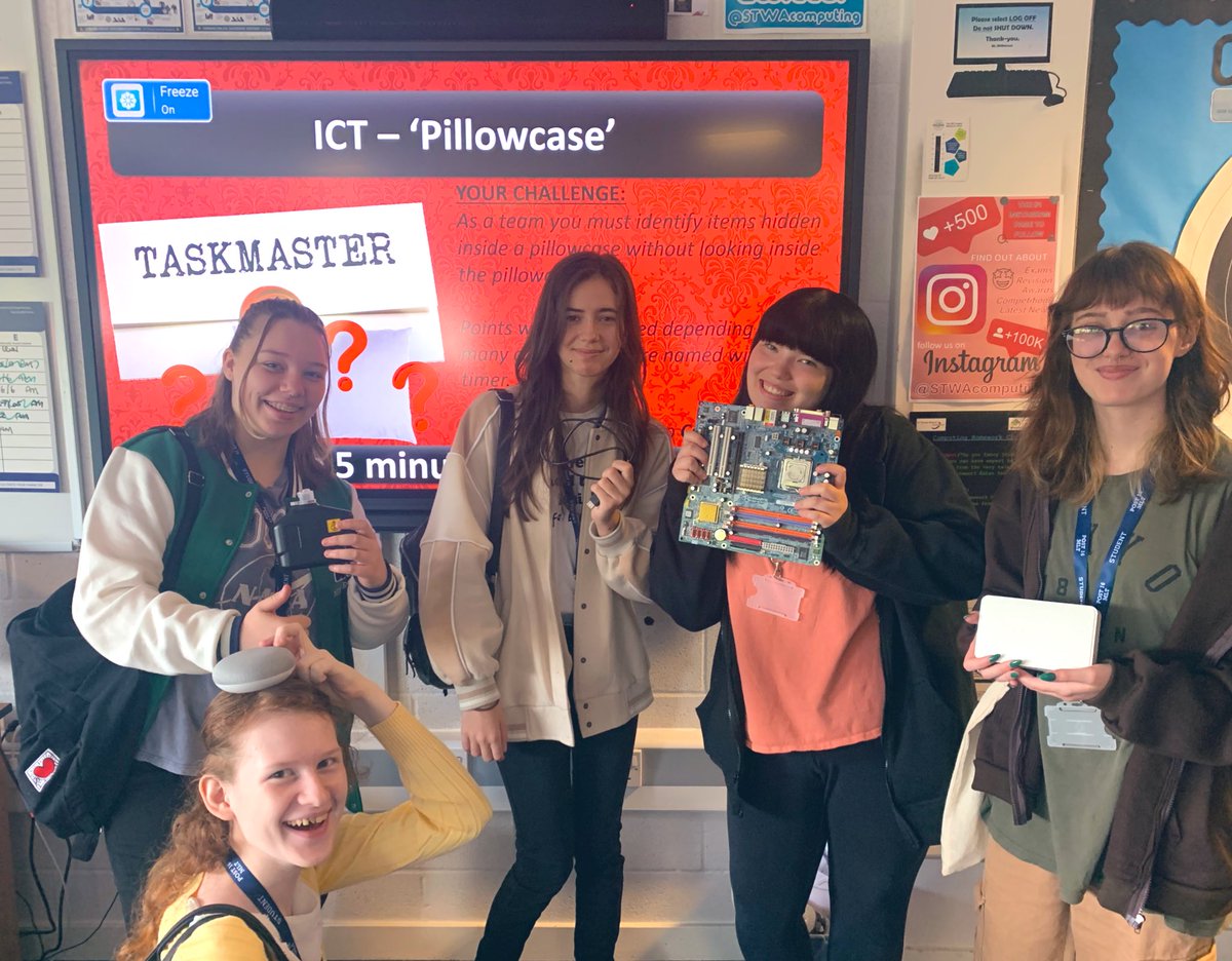 stwacab's tweet photo. We loved meeting all of the students joining @Post16MLT today during our Taskmaster challenge.  Who knew having to figure out the hidden technology items inside a pillowcase would be so much fun! Almost all of the groups managed to successfully identify the full 12 items! 😱🎉 https://t.co/WJ6jcLZUkC