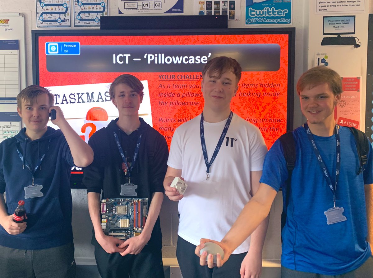 stwacab's tweet photo. We loved meeting all of the students joining @Post16MLT today during our Taskmaster challenge.  Who knew having to figure out the hidden technology items inside a pillowcase would be so much fun! Almost all of the groups managed to successfully identify the full 12 items! 😱🎉 https://t.co/WJ6jcLZUkC