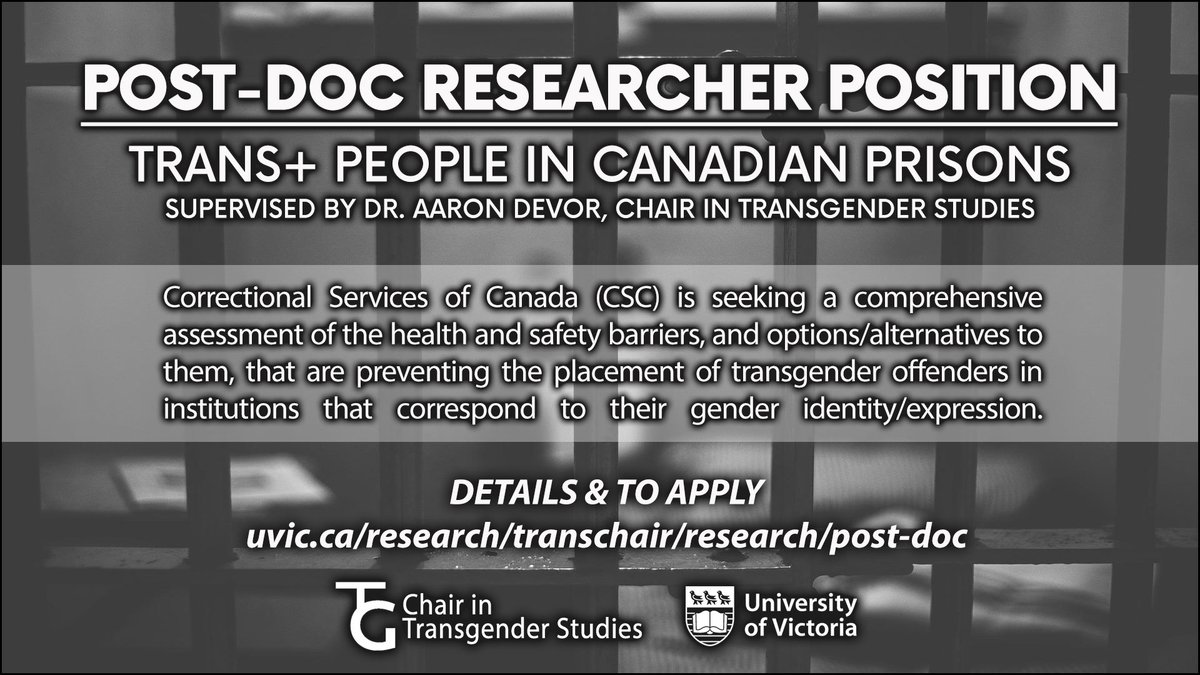 TransArchives's tweet photo. ๐ข Post-doc researcher position ๐ข
"Trans+ People in Canadian Prisons"
๐ DETAILS & TO APPLY ๐
https://t.co/SdYa1bWEIQ
#postdoc #trans #nonbinary #twospirit #uvic #research #yyj #cdnpostdoc #corrections https://t.co/Nfi7ihYjnc