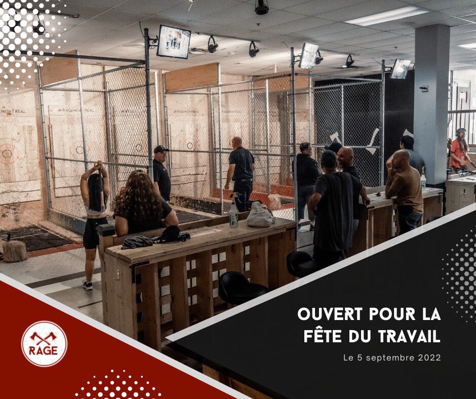 Passez un AXEcellent long week-end de la Fête du travail 🤩🤙

Sachez que notre centre sera ouvert ce long weekend dont le lundi 5 septembre ✅

Réservez une séance pour votre groupe des maintenant : rageaxethrowing.com