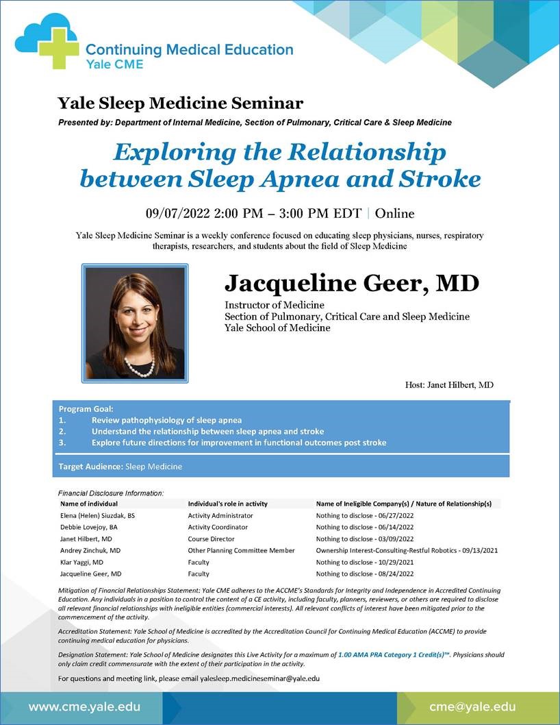 YalePCCSM's tweet photo. 🗓️WED, 9/7 @ 2PM EDT - Yale Sleep Medicine Seminar: "Exploring the Relationship between Sleep Apnea and Stroke" 
Speaker: Dr. Jaqueline Geer (@jackie_geer)
Host: Dr. Janet Hilbert (@JanetHilbertMD) 

🔗Message us for info to join! #BestFaculty  #YaleSleepSeminar #ThisIsYalePCCSM https://t.co/3d0YMbGq6E