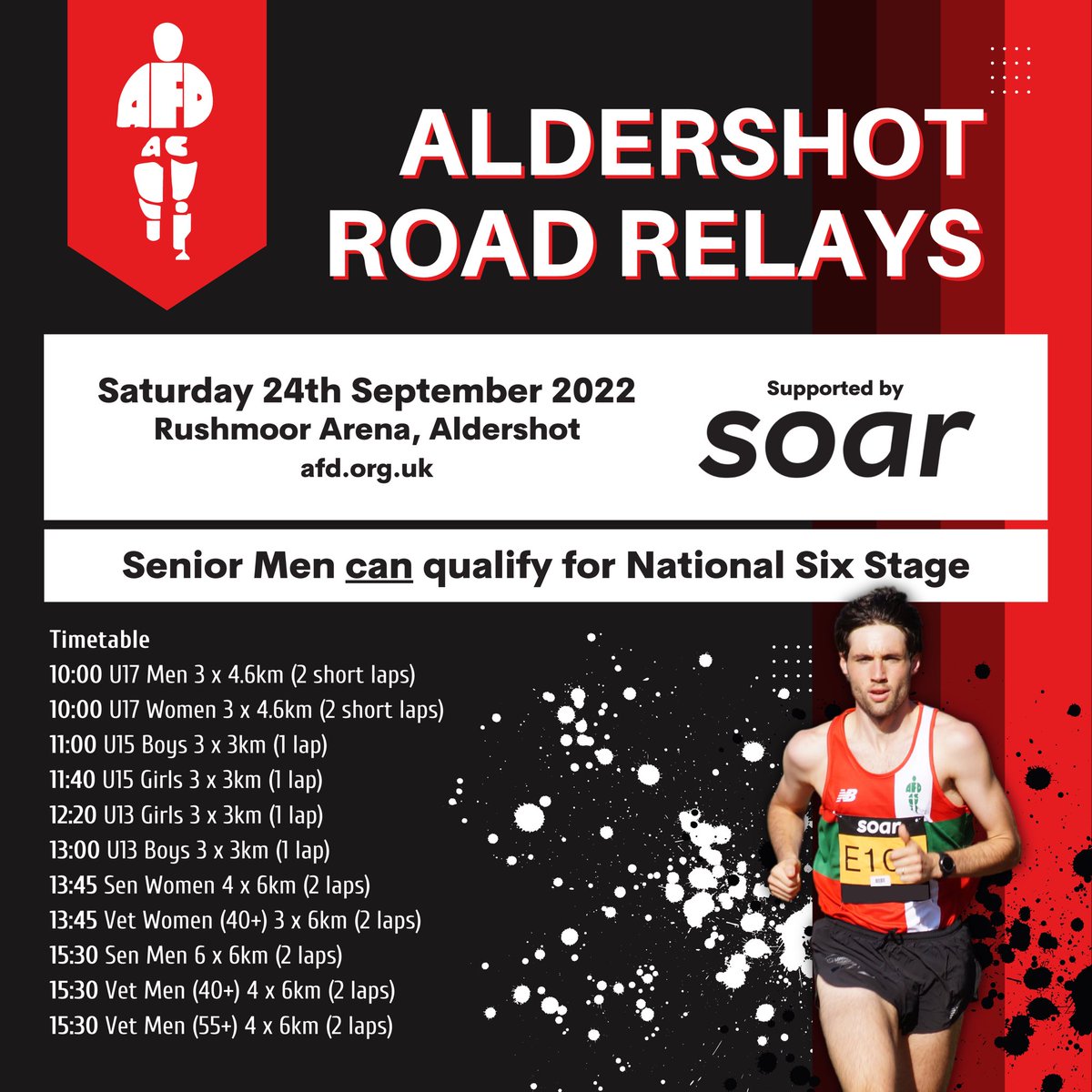 🚨 It’s back! Road running returns to Rushmoor Arena. The Aldershot Road Relays will take place on Saturday 24th September. More info at afd.org.uk