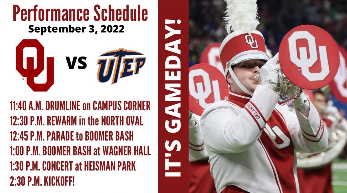 OU_ThePRIDE's tweet photo. ITS GAMEDAY EVE SOONER NATION!
•
•
Here is our performance schedule for tomorrow and we hope to see you there! 
•
•
LET’S GO BEAT THOSE MINERS!!
•
•
#gameday #oufootball #boomersooner https://t.co/oMC5hBgRFU