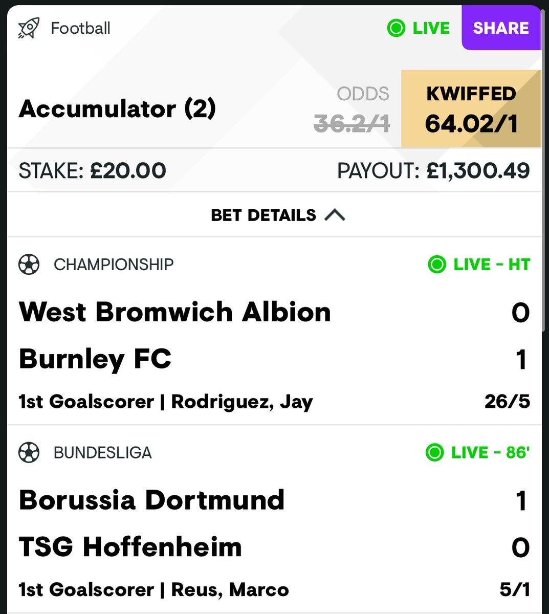 clowes_carl's tweet photo. Got to love ❤️ a kwiff bet bonus #FirstScorer double ⚽️🔥 💰 https://t.co/FWamJTfAPD