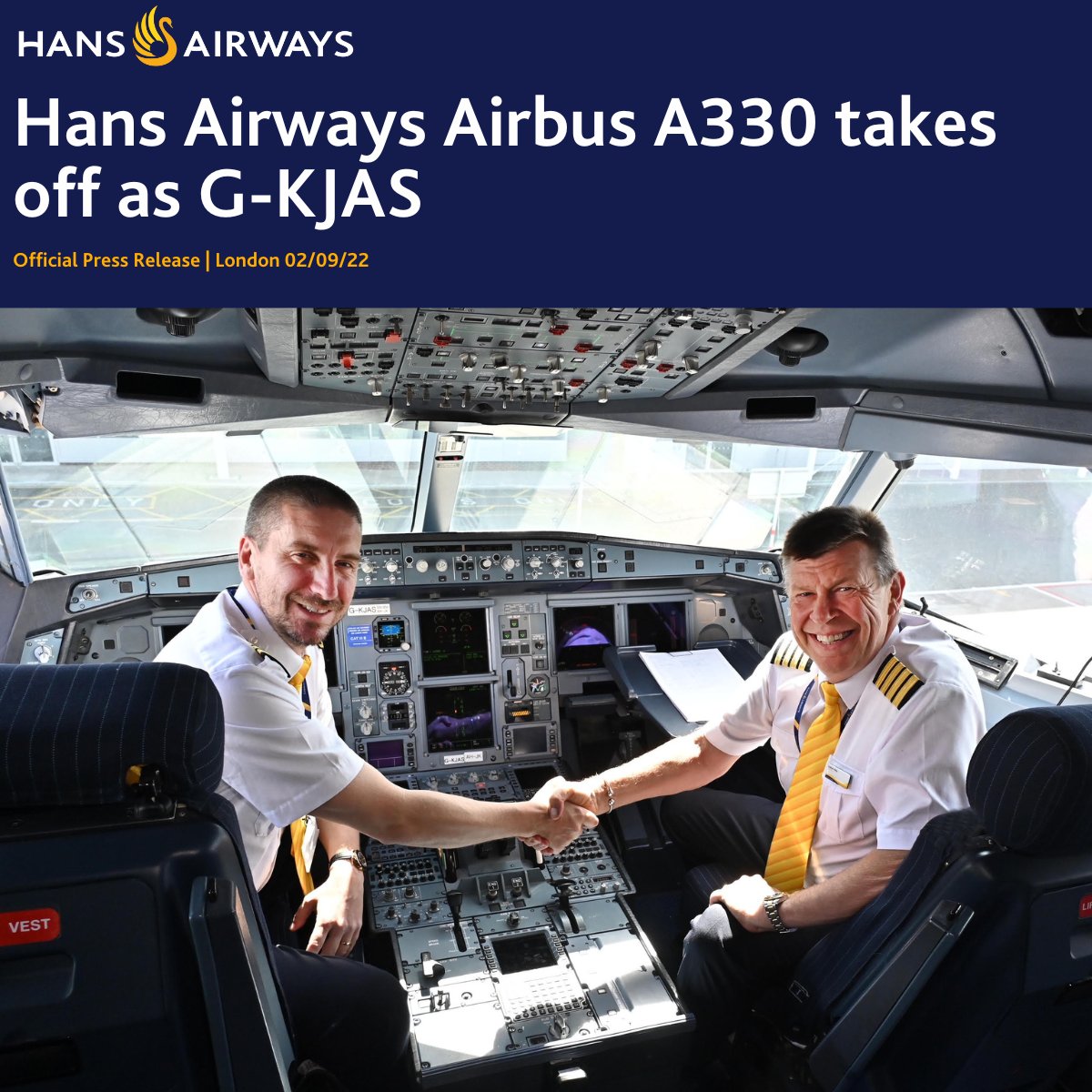 HansAirways's tweet photo. Hans Airways is pleased to confirm it performed its formal route proving flight for the UK Civil Aviation Authority (CAA) on Wednesday, 31 August, aboard its newly re-registered Airbus A330-200, G-KJAS.
Full press release available here: https://t.co/1juUuQgyTF https://t.co/XR1U3AT9Zb