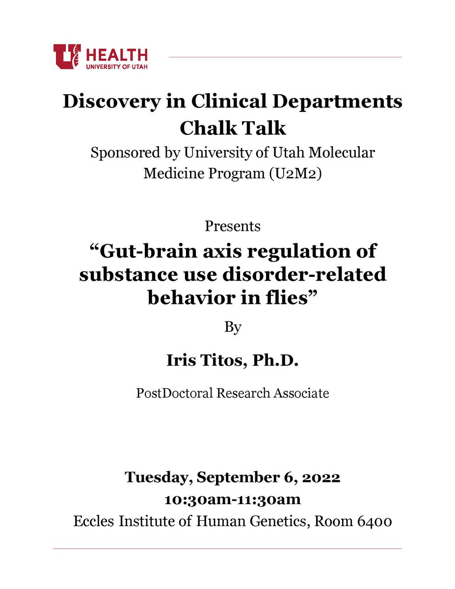 It is that time of year again! Join us (in person ONLY) and help support Dr. Iris Titos for her Chalk Talk on Tuesday, September 6th 10:30a-11:30a in EIHG Rm 6400. Iris is a Postdoctoral Research Associate in Dr. Adrian Rothenfluh’s lab.