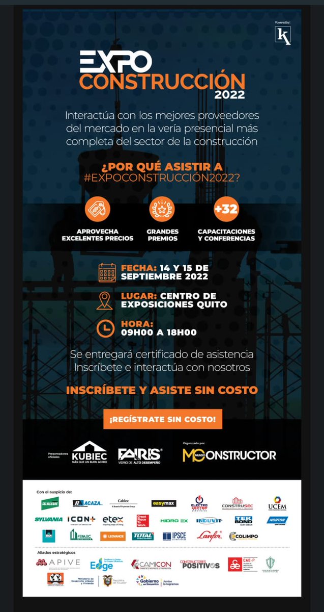 Los invitamos a la FERIA #EXPOCONSTRUCCIÓN2022 el 14 y 15 de septiembre en la Ciudad de #Quito. #ConstrucciónIgualReactivación 
@RevistaEkos <a href="/Camara_Const_P/">Camara de la Construccion Portoviejo</a> 
<a href="/leandrojosue/">Leandro Briones R. 🇪🇨</a> <a href="/WDELMIR/">Daniel Elmir :.</a> <a href="/CeEcuatoriano/">Comité Empresarial Ecuatoriano</a>