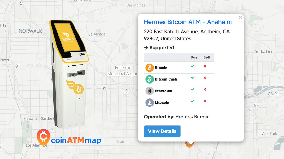 coinatmmap's tweet photo. Check out this #Bitcoin ATM by @hermesbitcoin in #Anaheim #California. This machine supports #BTC , #BCH, #Ethereum, &amp; #LTC . Find this #BitcoinATM and many others at #CoinATMmap (Link In Bio). https://t.co/v4zwTIvm9Z