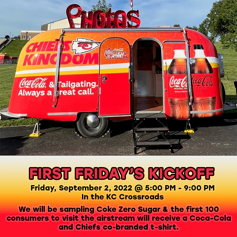HeartlandCoke's tweet photo. We hope to see everyone in the Crossroads for First Friday with the @Chiefs tonight! Our team will be on-site with our new Chiefs & Coca-Cola Airstream, & we will be sampling our refreshing Coke Zero Sugar for all to enjoy! #CocaCola #ChiefsKingdom #GreatCalls #OnFridayWeWearRed https://t.co/BDkTVvDu8S